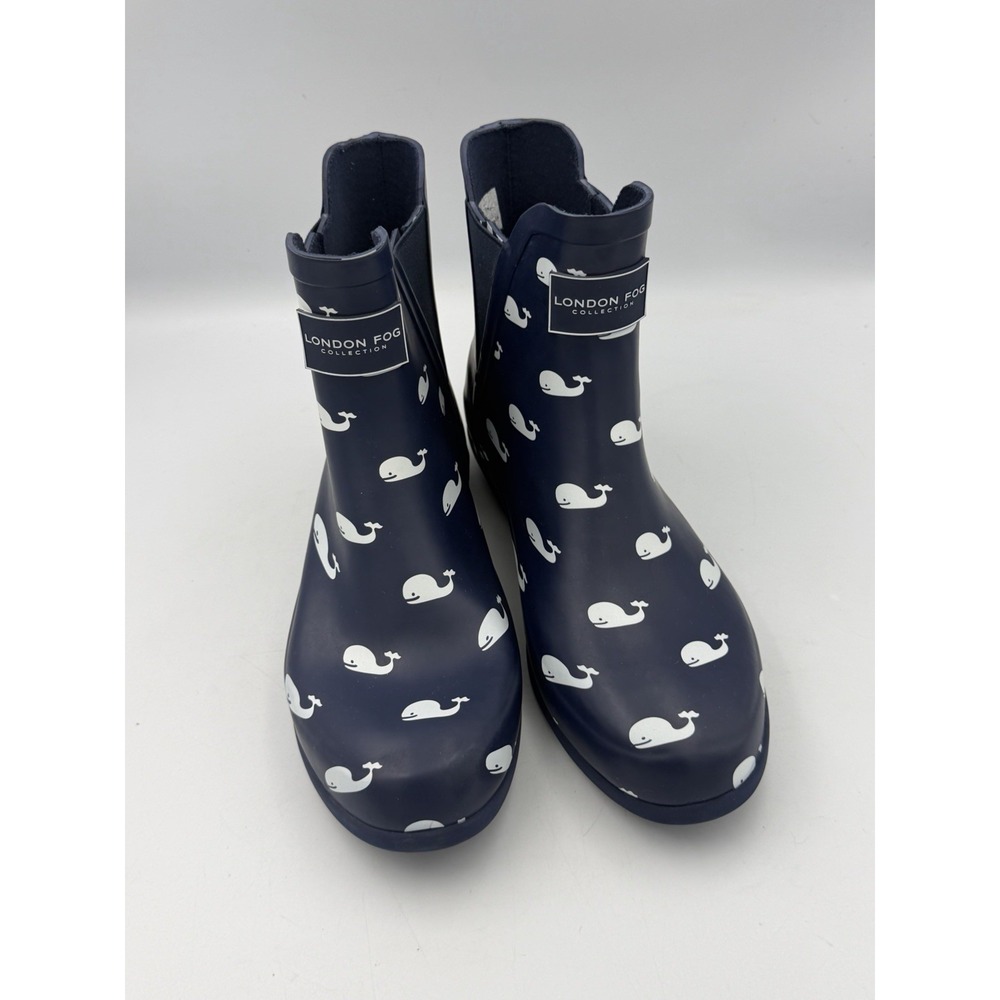 London Fog Women's Size 10 M Navy White Whale Print Chelsea Rain Boots